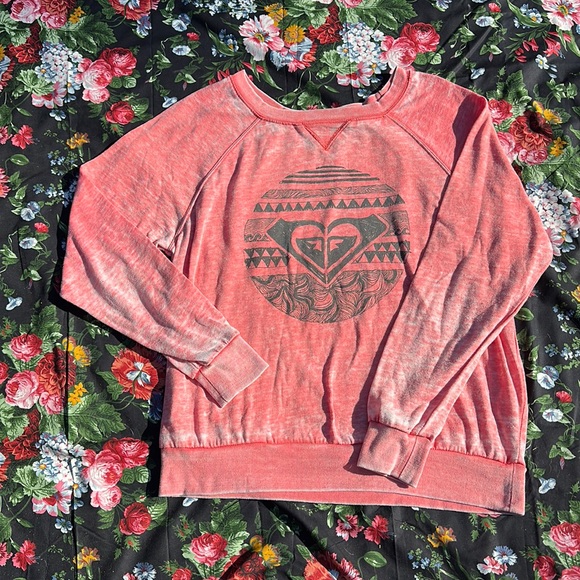 Roxy Tops - Roxy “wear your heart on your sleeve” wide crew neck graphic sweatshirt Pink M